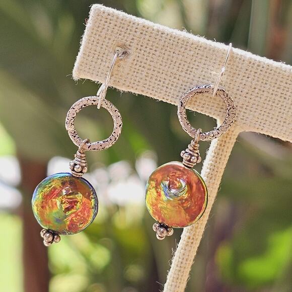 Freshwater Pearl Irrid. Coin Beads Ant. Sterling Etched Earrings - Picture 7 of 7